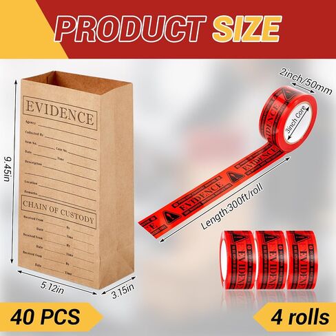 Nuanchu Crime Scene Scene Scene Bag Set -40 Lape Bag 9.45 × 5 × 3 بوصات ، 4 لفات من شريط الختم الأحمر لجمع أدلة الشرطة القتل الغام in Kuwait