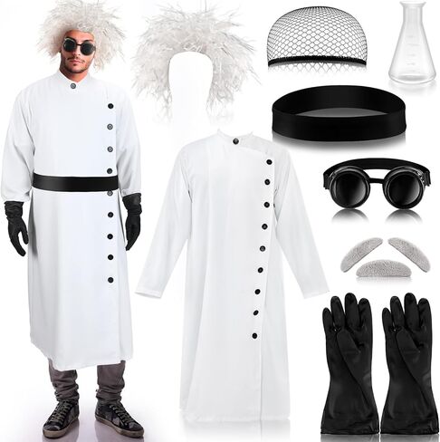 Jiuguva 9 Pcs Halloween Mad Scientist Costume for Adult Men including Coat Belt Beaker Gloves Goggles Wig Mustache Eyebrows (Classic Style,Medium) in Saudi Arabia