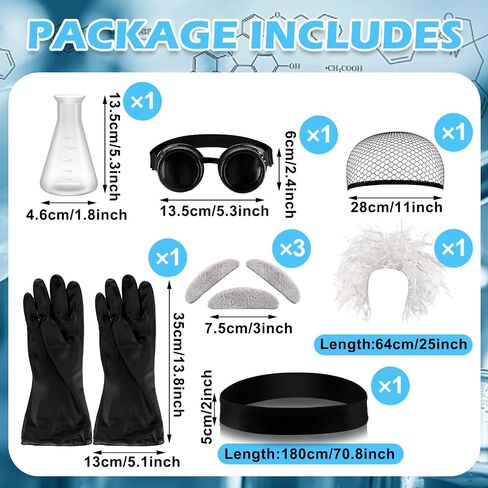 Jiuguva 9 Pcs Halloween Mad Scientist Costume for Adult Men including Coat Belt Beaker Gloves Goggles Wig Mustache Eyebrows (Classic Style,Medium) in Saudi Arabia