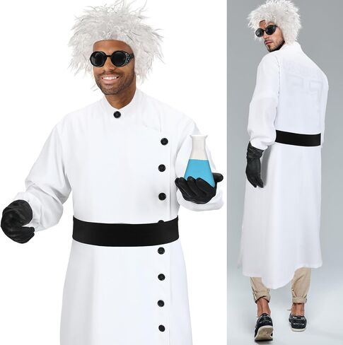Jiuguva 9 Pcs Halloween Mad Scientist Costume for Adult Men including Coat Belt Beaker Gloves Goggles Wig Mustache Eyebrows (Classic Style,Medium) in Saudi Arabia