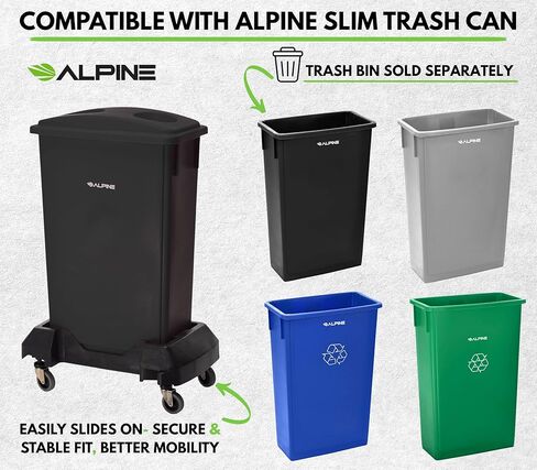 Alpine 16/23 Gallon Slim Trash Can Dolly - 4 Wheels Rectangular Plastic Rolling Garbage Can Dolly, Trash Can Wheels, Trash Can Roller Base, Commercial Trash Can Cart - Holds Up to 200lbs (Black) in Kuwait