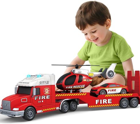 Toddler Boy Toys for 3 4 5 6 7 Years Kids, 27" Semi Army Truck Toy with Helicopters and Tank, Friction Powered Military Toys with Lights and Sounds, Birthday for Boy Girls in Kuwait