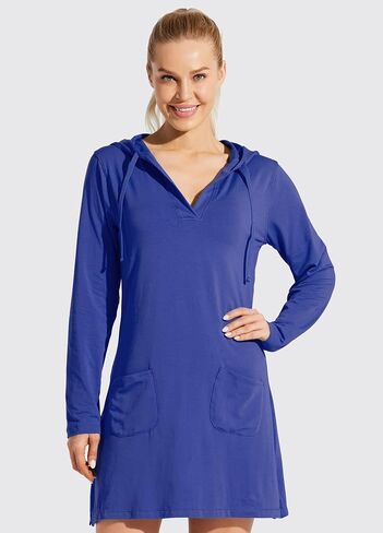Willit Women's Long Sleeve Cotton Swim Cover Up UPF 50+ SPF Dress Hooded with Pockets Sun Protection Beach Coverup in Kuwait