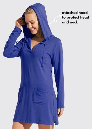 Willit Women's Long Sleeve Cotton Swim Cover Up UPF 50+ SPF Dress Hooded with Pockets Sun Protection Beach Coverup in Kuwait