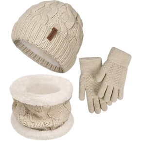 3 Pcs Kids Winter Beanie Hat Scarf Gloves Set Thick Knit Warm Fleece Lined Beanie Caps Mittens for Boys Girls, C-Purple in Kuwait
