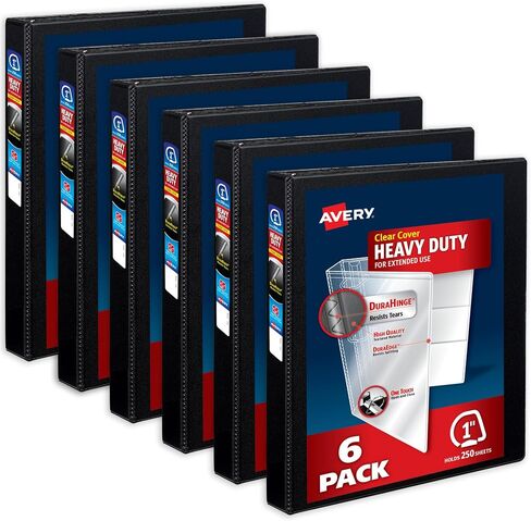 Avery Heavy-Duty View 3 Binders Ring ، 1 بوصة حلقات مائلة لمسة واحدة ، وسعة 250 ورقة ، ودورة ، وعمود العمود الفقري بعرض 1.4 بوصة ، وغطاء واضحة وعمود العمود الفقري ، والعمود السوداء (79275) (حزمة 6) in Kuwait