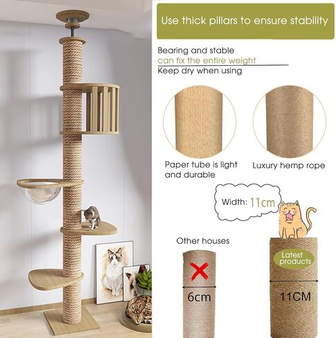 Floor to Ceiling cat Tree - Adjustable Height (95-98in,104.3-108.2in)- with Width 4.33 in Scratching Post,Cat Hammock,Fully Wrapped with sisal Rope - Heavy Duty cat Tree.(Holds 110 lbs) in Kuwait