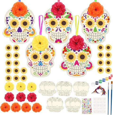 Fennoral 10 Pack Day of the Dead Craft Kits للأطفال تجعلك تملك Sugar Skull De de Los Muertos Ornament DIY تلوين الفنون والحرف الخشبية لصالح عيد الهالوين الإمدادات الزخرفية المكسيكية in Kuwait