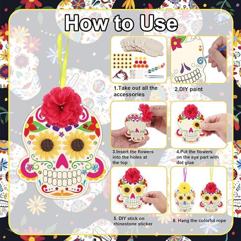 Fennoral 10 Pack Day of the Dead Craft Kits للأطفال تجعلك تملك Sugar Skull De de Los Muertos Ornament DIY تلوين الفنون والحرف الخشبية لصالح عيد الهالوين الإمدادات الزخرفية المكسيكية in Kuwait