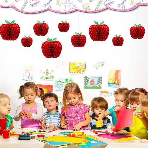 BestoFun 9-Piece Red Apple Honeycomb Paper Hanging Decorations - Back to School, Teacher Appreciation Day - Traditional Fruit Theme in Saudi Arabia
