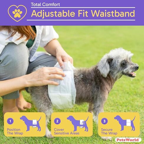 Petsworld Dog Diapers Male Male - 50 Count يمكن التخلص منها - فرق البطن الفائقة الصديقة للفراء مع مؤشر البلل - لفائف الكلاب القابلة للتعديل لسلس السلس والتدريب (الخصر 18-25 بوصة) in Kuwait