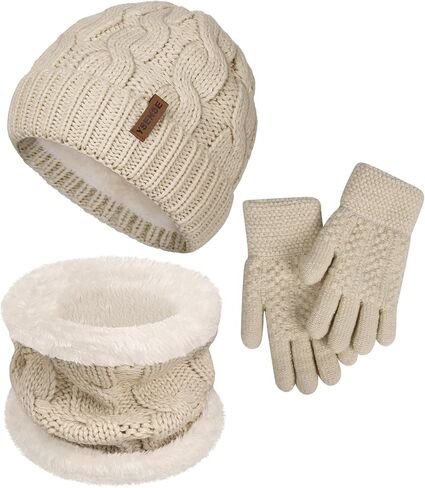 3 Pcs Kids Winter Beanie Hat Scarf Gloves Set Thick Knit Warm Fleece Lined Beanie Caps Mittens for Boys Girls, C-Purple in Kuwait