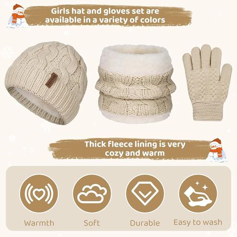 3 Pcs Kids Winter Beanie Hat Scarf Gloves Set Thick Knit Warm Fleece Lined Beanie Caps Mittens for Boys Girls, C-Purple in Kuwait