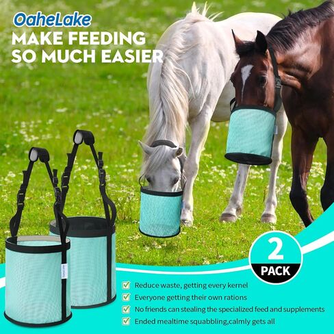 Horse Feed Bag 2 Pcs, Mesh Feed Bags for Horses, Muzzle Feedbag for Feeding Grain, Anti-Spill Design Feeder, Soft Neck Pad Nose Pad, Universal Fit (Mint, Pack of 2) in Kuwait