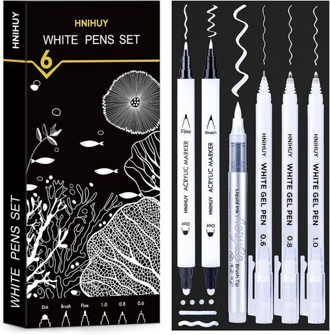 HNIHUY White Ink Pens, Fine Point White Gel Pens, Brush Tip Acrylic Markers, Dual-Tip Opaque Paint Pens for Black Paper Drawing, Sketching, Illustration, Card Making, 6 Pack in Kuwait