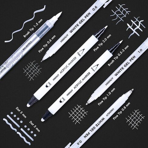 HNIHUY White Ink Pens, Fine Point White Gel Pens, Brush Tip Acrylic Markers, Dual-Tip Opaque Paint Pens for Black Paper Drawing, Sketching, Illustration, Card Making, 6 Pack in Kuwait