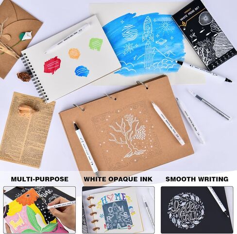 HNIHUY White Ink Pens, Fine Point White Gel Pens, Brush Tip Acrylic Markers, Dual-Tip Opaque Paint Pens for Black Paper Drawing, Sketching, Illustration, Card Making, 6 Pack in Kuwait