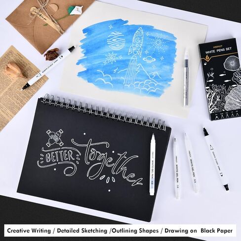 HNIHUY White Ink Pens, Fine Point White Gel Pens, Brush Tip Acrylic Markers, Dual-Tip Opaque Paint Pens for Black Paper Drawing, Sketching, Illustration, Card Making, 6 Pack in Kuwait