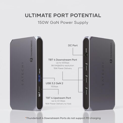 Satechi Thunderbolt 4 Hub Slim Pro، شحن USB C 96W، شاشة فردية 8K أو مزدوجة 4K، 4 منافذ Thunderbolt 4، USB 3.2 Gen2 - لجهاز MacBook Pro/Air M1 M2 M3، Dell، HP، Surface، Lenovo in Kuwait
