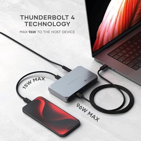 Satechi Thunderbolt 4 Hub Slim Pro، شحن USB C 96W، شاشة فردية 8K أو مزدوجة 4K، 4 منافذ Thunderbolt 4، USB 3.2 Gen2 - لجهاز MacBook Pro/Air M1 M2 M3، Dell، HP، Surface، Lenovo in Kuwait