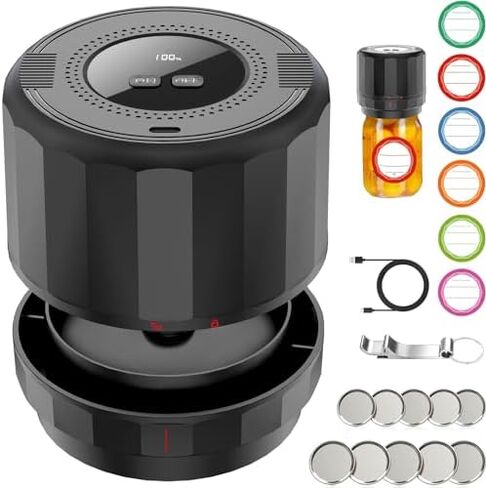 M11 Mason Jar Vacuum Sealer - طقم سدادة تفريغ جرة ميسون الكهربائية مع أغطية ميسون واسعة ومنتظمة للفم، سدادة تفريغ جرة لتعليب الجرار، آلة ختم فراغ لتخزين المواد الغذائية in Kuwait