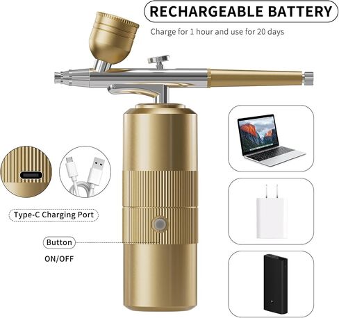 مجموعة البخاخات مع ضاغط مجموعة البخاخات المحمولة 48PSI عالي الضغط على فرشاة الهواء غير القابلة لإعادة الشحن القابلة لإعادة الشحن مع فوهة 0.3 مم وفرشاة التنظيف للطلاء ، فن الأظافر ، المكياج (الذهب) in Kuwait
