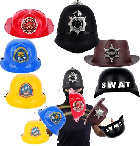 6 PCS قبعات الخوذات البلاستيكية مجموعة بما في ذلك شرطة SWAT مهندس الإطفاء الإطفاء COP COP COWBOY للتظاهر لباس. in Kuwait