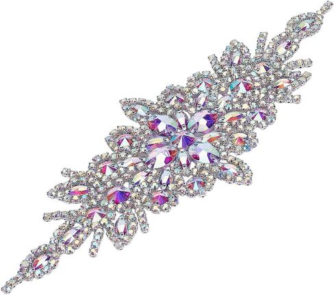 FINGERINSPIRE Glass Rhinestone Applique Patches 9.4x3.7inch Crystal AB Rhinestone Applique Iron On Patches Flower Wedding Belt Applique Hotfix Rhinestone Patches Sewing Rhinestone Applique for Dress in Saudi Arabia