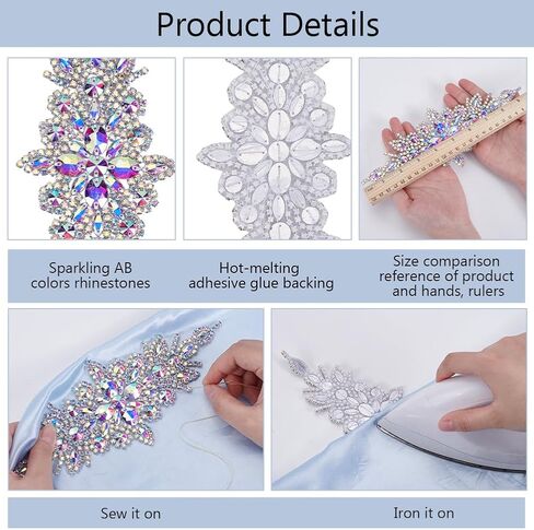 FINGERINSPIRE Glass Rhinestone Applique Patches 9.4x3.7inch Crystal AB Rhinestone Applique Iron On Patches Flower Wedding Belt Applique Hotfix Rhinestone Patches Sewing Rhinestone Applique for Dress in Saudi Arabia