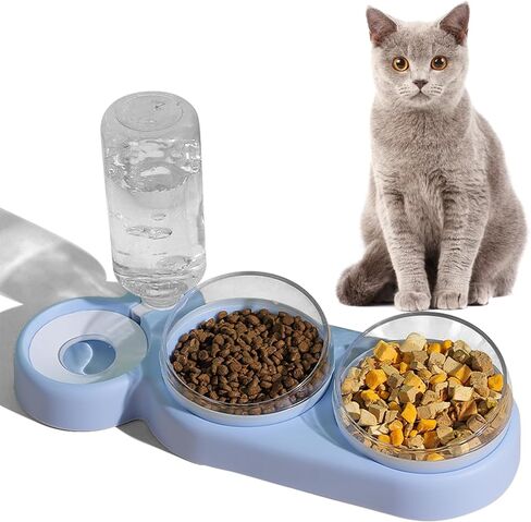 Cat Bowls Set，3 in 1 15°Tilt Water Feeder Bowls Cat Double Food Bowls with 500ml Dispensing Bottle for Small & Medium Pets,Lightweight & Easy to Clean in Saudi Arabia