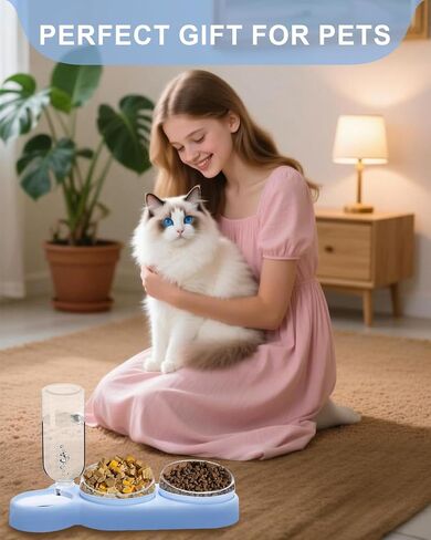 Cat Bowls Set，3 in 1 15°Tilt Water Feeder Bowls Cat Double Food Bowls with 500ml Dispensing Bottle for Small & Medium Pets,Lightweight & Easy to Clean in Saudi Arabia