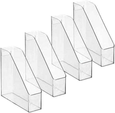 mDesign Plastic Slim Vertical File Folder Storage Organizer Bin with Handle, Hold Notebooks, Binders, Envelopes, Magazines for Home Office, Work Desktops, Ligne Collection, 4 Pack, Clear in Saudi Arabia