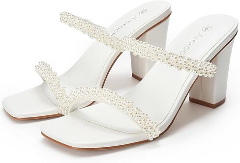 صنادل نسائية بكعب لؤلؤي وكعب مكتنز وإصبع مربع وشريطين سهل الارتداء بكعب 3.1 بوصة لفستان الزفاف in Kuwait