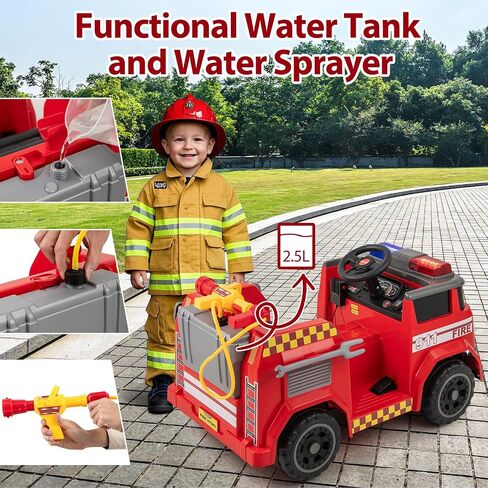 HONEY JOY Ride On Fire Truck, 12V Battery Powered Electric Car for Kids, Water Tank, Loudspeaker, Shovel, Music, Siren & Light, Firetruck Ride On Toy, Ride On Car w/Remote Control (Fire Truck) in Saudi Arabia