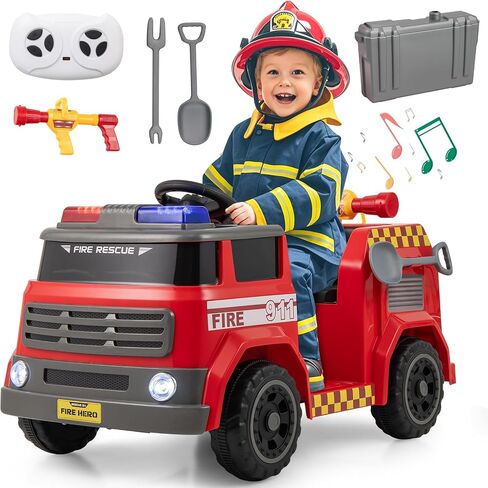 HONEY JOY Ride On Fire Truck, 12V Battery Powered Electric Car for Kids, Water Tank, Loudspeaker, Shovel, Music, Siren & Light, Firetruck Ride On Toy, Ride On Car w/Remote Control (Fire Truck) in Saudi Arabia