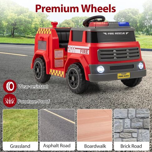 HONEY JOY Ride On Fire Truck, 12V Battery Powered Electric Car for Kids, Water Tank, Loudspeaker, Shovel, Music, Siren & Light, Firetruck Ride On Toy, Ride On Car w/Remote Control (Fire Truck) in Saudi Arabia