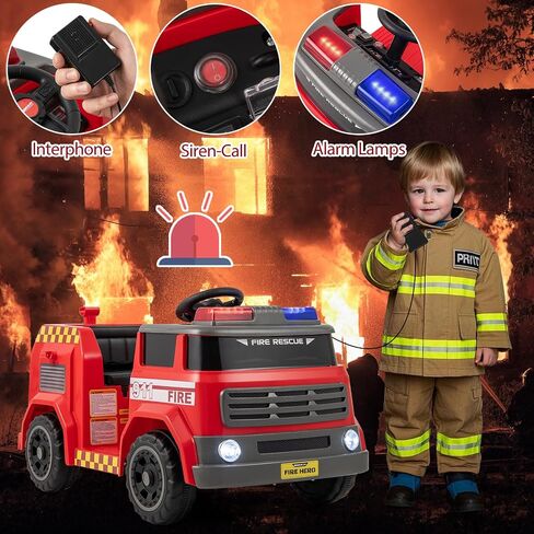 HONEY JOY Ride On Fire Truck, 12V Battery Powered Electric Car for Kids, Water Tank, Loudspeaker, Shovel, Music, Siren & Light, Firetruck Ride On Toy, Ride On Car w/Remote Control (Fire Truck) in Saudi Arabia