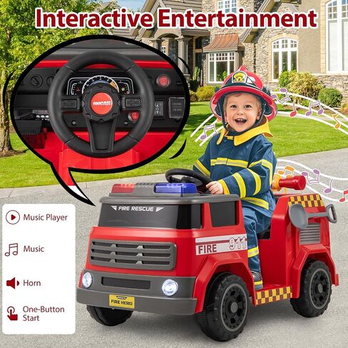 HONEY JOY Ride On Fire Truck, 12V Battery Powered Electric Car for Kids, Water Tank, Loudspeaker, Shovel, Music, Siren & Light, Firetruck Ride On Toy, Ride On Car w/Remote Control (Fire Truck) in Saudi Arabia