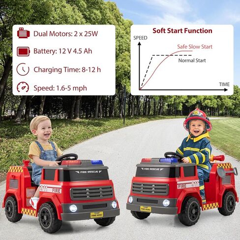 HONEY JOY Ride On Fire Truck, 12V Battery Powered Electric Car for Kids, Water Tank, Loudspeaker, Shovel, Music, Siren & Light, Firetruck Ride On Toy, Ride On Car w/Remote Control (Fire Truck) in Saudi Arabia