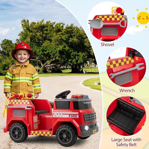HONEY JOY Ride On Fire Truck, 12V Battery Powered Electric Car for Kids, Water Tank, Loudspeaker, Shovel, Music, Siren & Light, Firetruck Ride On Toy, Ride On Car w/Remote Control (Fire Truck) in Saudi Arabia