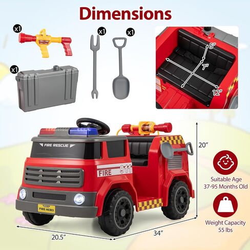 HONEY JOY Ride On Fire Truck, 12V Battery Powered Electric Car for Kids, Water Tank, Loudspeaker, Shovel, Music, Siren & Light, Firetruck Ride On Toy, Ride On Car w/Remote Control (Fire Truck) in Saudi Arabia
