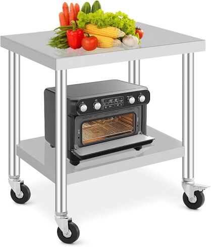 OUTLANE Stainless Steel Table with Caster Wheels, Food Prep Table for Kitchen, Commercial Heavy Duty Metal with Adjustable Undershel, Stainless Steel Worktable (36" x 24") in Saudi Arabia