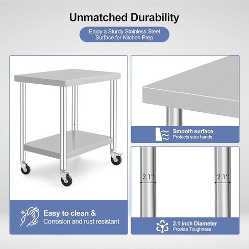 OUTLANE Stainless Steel Table with Caster Wheels, Food Prep Table for Kitchen, Commercial Heavy Duty Metal with Adjustable Undershel, Stainless Steel Worktable (36" x 24") in Saudi Arabia