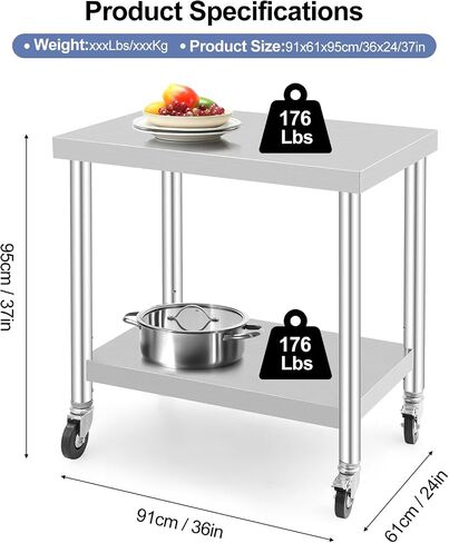 OUTLANE Stainless Steel Table with Caster Wheels, Food Prep Table for Kitchen, Commercial Heavy Duty Metal with Adjustable Undershel, Stainless Steel Worktable (36" x 24") in Saudi Arabia