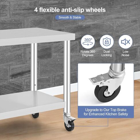 OUTLANE Stainless Steel Table with Caster Wheels, Food Prep Table for Kitchen, Commercial Heavy Duty Metal with Adjustable Undershel, Stainless Steel Worktable (36" x 24") in Saudi Arabia