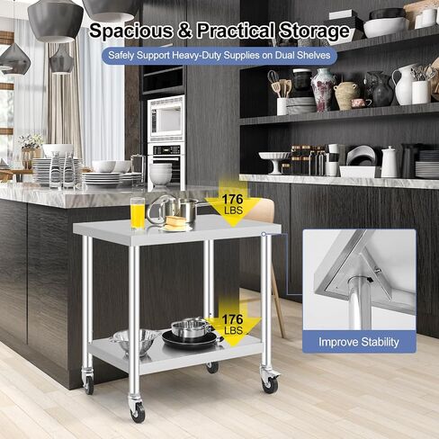 OUTLANE Stainless Steel Table with Caster Wheels, Food Prep Table for Kitchen, Commercial Heavy Duty Metal with Adjustable Undershel, Stainless Steel Worktable (36" x 24") in Saudi Arabia