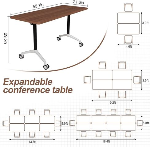Folding Conference Table, Modern Conference Room Tables with Flip-Top Design, Foldable Conference Table Meeting Table with Wheels, Mobile Seminar Training Tables for Office Classroom (6, Walnut 2) in Saudi Arabia