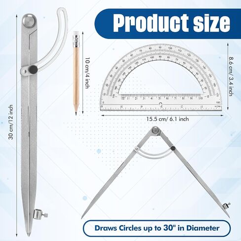 Zonon Professional 12 Inch Large Compass with Wing for Woodworking and 6 Inch Protractor Set, Pencil Compass for Geometry Math Carpenter, Drafting, Drawing Tool in Saudi Arabia