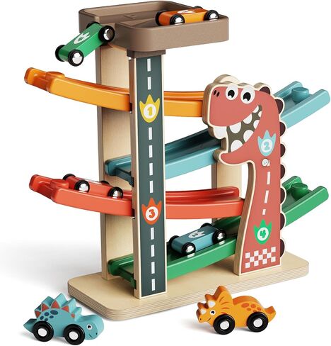 ألعاب Montessori لعمر واحد ، لعبة مسار منحدر للسيارات للأطفال الصغار 1-3 ، مسار سباق خشبي مع 4 سيارات صغيرة ، 2 سيارات الديناصور in Kuwait