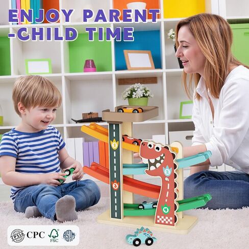 ألعاب Montessori لعمر واحد ، لعبة مسار منحدر للسيارات للأطفال الصغار 1-3 ، مسار سباق خشبي مع 4 سيارات صغيرة ، 2 سيارات الديناصور in Kuwait